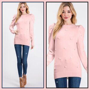 Aaron & Amber Light Pink Puff Sleeve Pom Pom Pullover Sweater (size M)